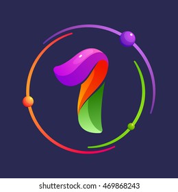 Number one logo with atoms orbits. Bright color vector design for your science, biology, physics, chemistry company. 