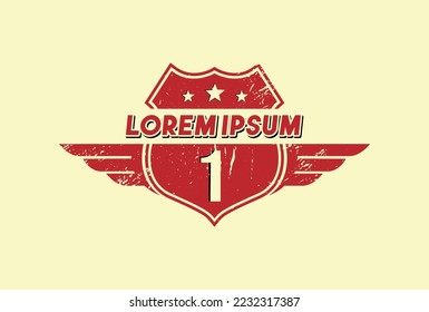 Number one logo Badge illustration vector route 66 grunge style emblem with wings, retro frame, border