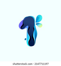 Number one logo with blue dew drops in hologram glitch style. Environment friendly icon with color shift and illusion effect. Vector idea for waste recycling identity or organic merchandise.