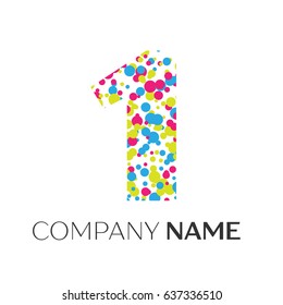 Number one logo with blue, yellow, red particles and bubbles dots on white background. Vector template for your design