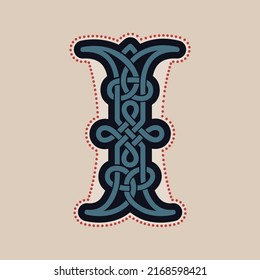 Number one logo with Celtic knots, spiral lines, and red dots. Dim colored medieval initial. Perfect icon for ancient identity, Middle Ages print, barbarian posters, and heraldic monograms.