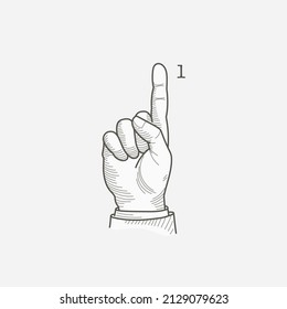 Number one logo in a deaf-mute hand gesture alphabet. Hand-drawn engraving style vector American sign language illustration.