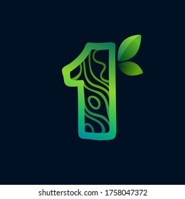Number one logo with eco waves pattern. Perfect vector green icon for landscape design, natural print and cartography labels, etc.
