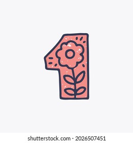 Number one logo with a flower in the Nordic folk art style in the background. Scandinavian font for Christmas cards, retro posters, historical banners, cute decorative prints on T-shirts.