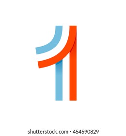 Number One Logo Formed By Parallel Lines. It Can Be Used For A Sports Team Identity. Also, It Can Be A Red-white-blue Colors Ribbon Flag.
