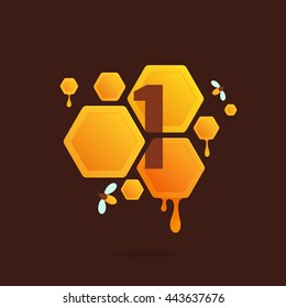 Number one logo in Honeycomb with flowing honey. Colorful vector design for banner, presentation, web page, app icon, card, labels or posters.