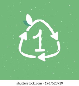 Number one logo inside reuse sign in grunge linear style. Flat design of recycling symbol and leaves for your upcoming eco-friendly and zero waste projects. 