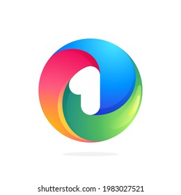 Number one logo inside swirling loop circle. Negative space style icon. Colorful gradient emblem for your social network app, fun avatar or loading screen.