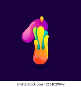 Nummer eins Logo mit Saft-Splash, Wellen und Tropfen. Mehrfarbiges Symbol mit Glanz und Farbverlauf. Perfekt für positive Kunst, Kinderdesign, lebhafte Werbung, Saftverpackung, bunter Identität.