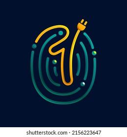 Number one logo made of fingerprint with plug. Colorful cable icon with vivid gradients and lines. Perfect for energy design, accessories advertising, gadget packaging, electric identity.