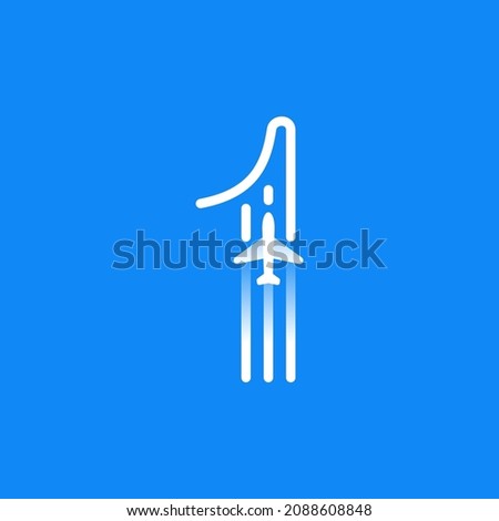 Number one logo is made of three parallel lines with a plane icon. Vector emblem for a travel app, jet company identity, and shipping advertising.