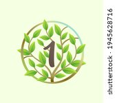 Number one logo made of twisted tree branches and green leaves in circle. Ecology vector font for vegan emblem, botanical identity, creative spring t-shirts, organic merchandise.