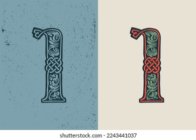 Number one logo in medieval knots lines style. Dim colored drop cap. Engraved barbarian emblem. Vintage illuminated initials. Perfect for vintage premium identity, Celtic posters, luxury packaging.