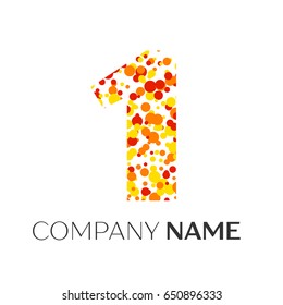 Number one logo with orange, yellow, red particles and bubbles dots on white background. Vector template for your design