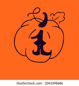 Number one logo in pumpkin with grunge texture. Gothic style font with curved serif. Perfect for your Halloween design.