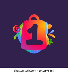 Number one logo with shopping bag and Sale icons. Vector template perfect to use in your special offer label, one day deal banner, final discount identity.