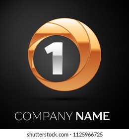 Number One logo symbol in the golden-silver colorful circle on black background. Vector template for your design