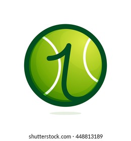 Number one logo with tennis ball. Sport vector design for banner, presentation, web page, card, labels or posters.