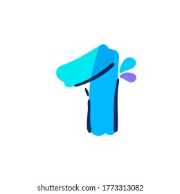 Number one logo with water drops and waves. Handwritten with a felt-tip pen. Vector bold marker font can be used for washing labels, healthcare headlines, pure posters, ecology cards etc.