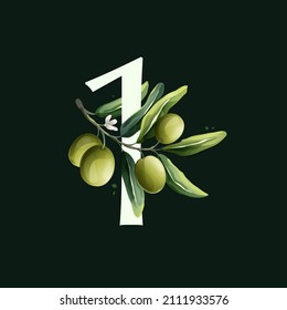 Number one logo in watercolor style with olive branches. Illustration of mediterranean berries, green leaves, flowers, buds, and branches. 