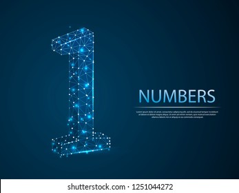 number one low poly abstract illustration consisting of points, lines, and shapes in the form of planets, stars and the universe. Vector digit 1 wireframe concept.
