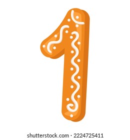Number one made from glazed gingerbread. Festive font, symbol of Happy New Year and Christmas, sign and numeral of different shapes. Vector flat illustration