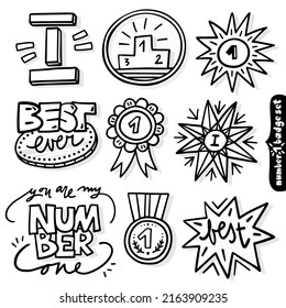 Number One Monochrome Linear Doodle Badge Set Star Number Medal Text Vector Black And White Illustration Isolated On White Background