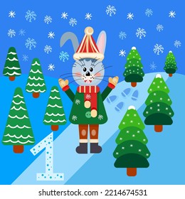 Number one from the New Year's advent calendar. Eve 2023. Year of the hare, rabbit. Vector illustration.
