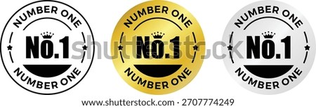 Number One No.1 Badges Set: Gold, Silver, and Black Outline Winner Icons Isolated on White Background