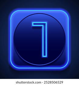 Number one, numeral simple icon vector. Flat design. Blue neon style on button. With shadow.ai
