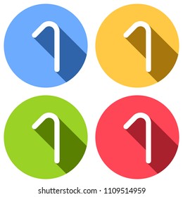 Number one, numeral, simple letter. Set of white icons with long shadow on blue, orange, green and red colored circles. Sticker style