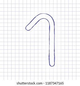 Number one, numeral, simple letter. Hand drawn picture on paper sheet. Blue ink, outline sketch style. Doodle on checkered background