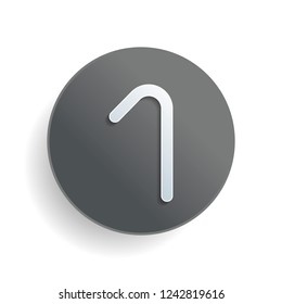 Number one, numeral, simple letter. White paper symbol on gray round button or badge with shadow