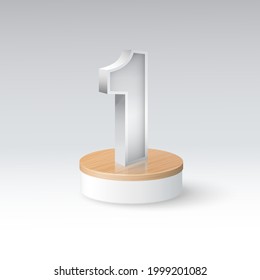 Number one on the podium with the elegant white number one. Placed on a pedestal above a wooden floor below a white cylinder shapes. EPS realistic file.