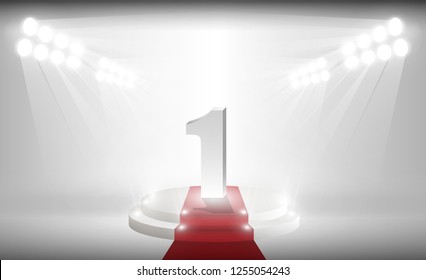 Number one on Stage red carpet on white background. Vector illumination