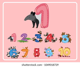 Number one and other numbers with animals illustration