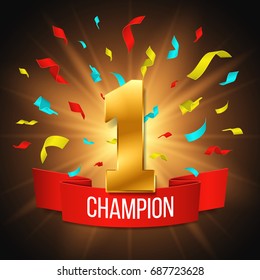 Number one with red ribbon and confetti. Vector illustration.