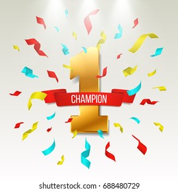 Number one with red ribbon and confetti. Vector illustration.