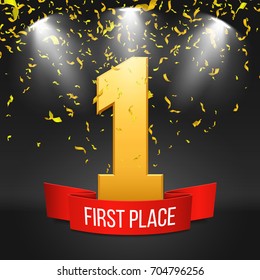 Number one with red ribbon and confetti. Vector illustration.