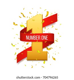 Number one with red ribbon and confetti. Vector illustration.