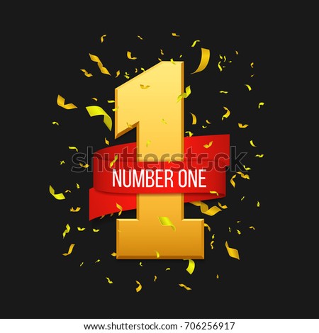 Number one with red ribbon and confetti. Vector illustration.