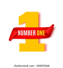 Number one. Red ribbon. Vector illustration.