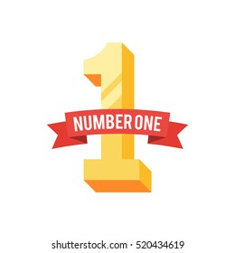 Number one with red ribbon. Winner concept. Vector illustration in trendy flat style isolated on white background for poster, web banner or greeting card