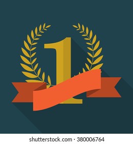 Number one with ribbon and laurel wreath. Red ribbon award for winner. Flat design vector illustration