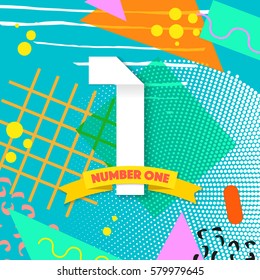Number one ribbon on Neo Memphis geomertric background. White paper Number one, yellow ribbon. Poster or brochure template for anniversary, happy birthday. Vector illustration bright background.