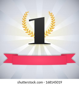 Number one, scarlet ribbon, laurel wreath and rays, winner no.1 label vector for your design