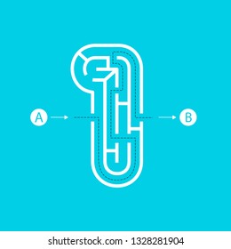 Number one shape Maze Labyrinth, maze with one way to entrance and one way to exit. Flat design, vector illustration.