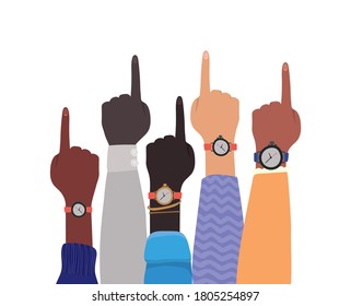 number one sign with hands of different types of skins design, diversity people multiethnic race and community theme Vector illustration