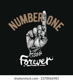 Nummer 1 Slogan mit schwarz-weißer Hand und einem Finger, grafische Vektorgrafik auf schwarzem Hintergrund