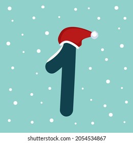 Number one with snow and red Santa Claus hat. Festive font for Christmas and New Year